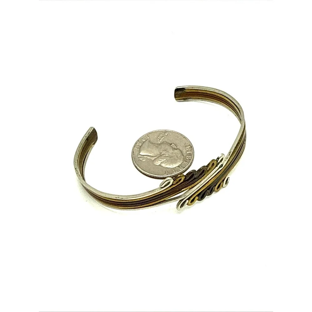 Vintage Tri Color Copper Brass Silver Tone Cuff Bracelet 7.5
